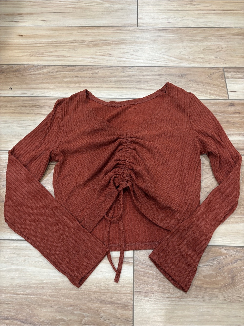 Ribbed Drawstring Front Long-Sleeve Top - Rust